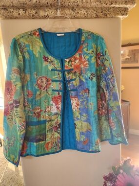 Floral Teal Quilted Button-Front Blazer